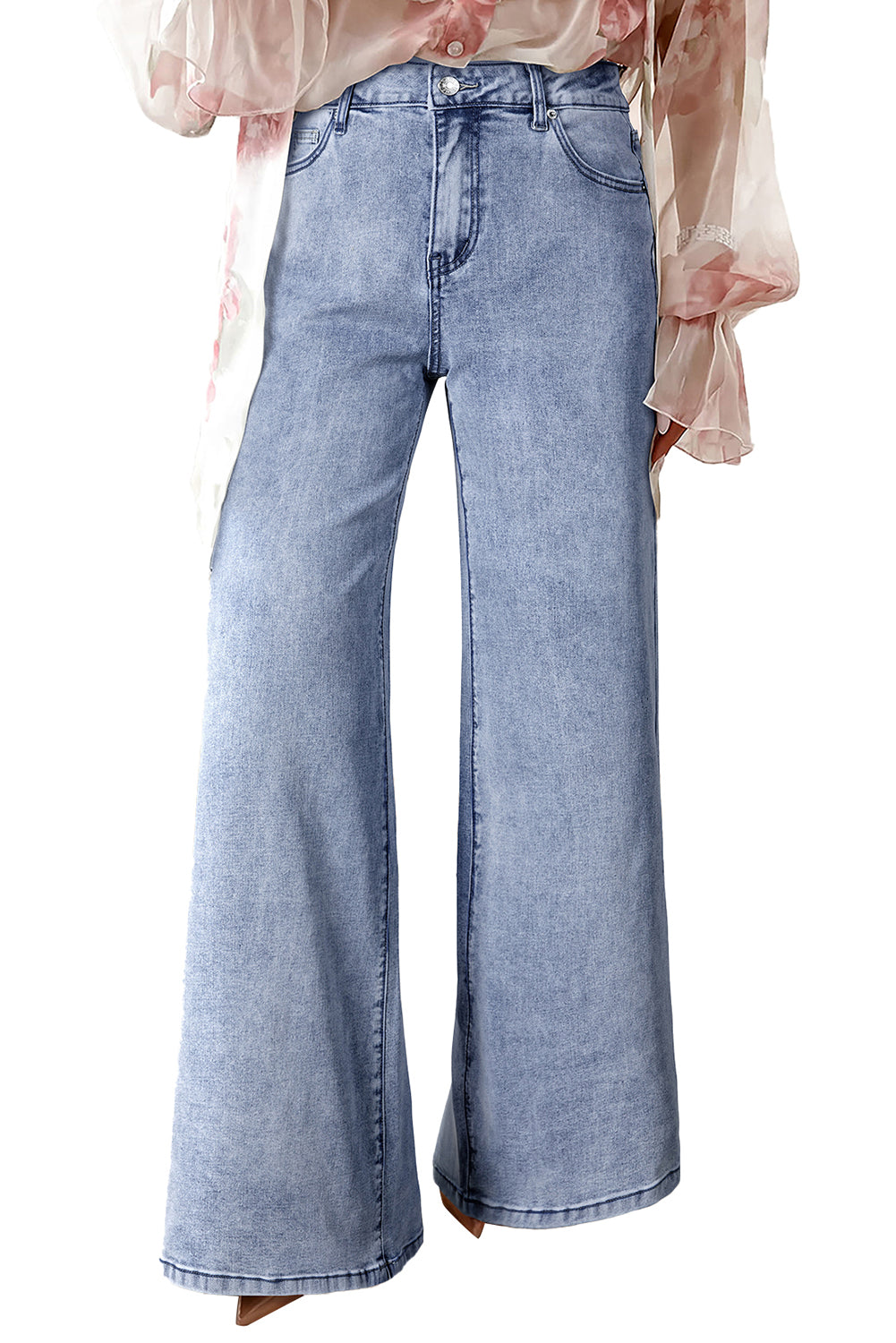 Beau Blue Button Zip High Waist Flared Hem Jeans