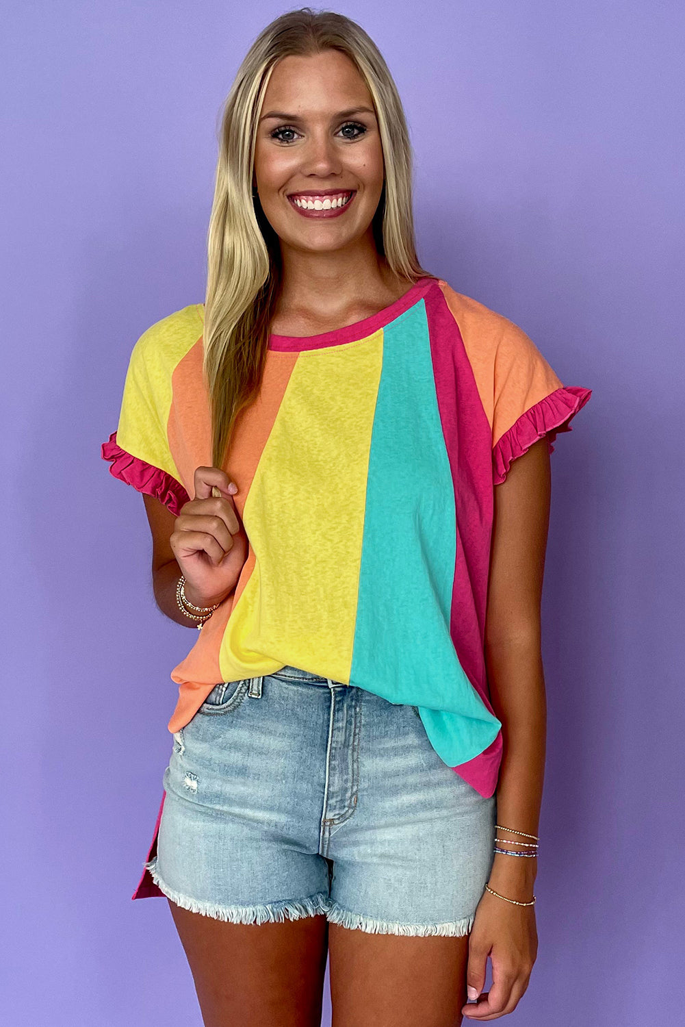 Rose Red Colorblock Ruffle Sleeve Loose Fit T Shirt