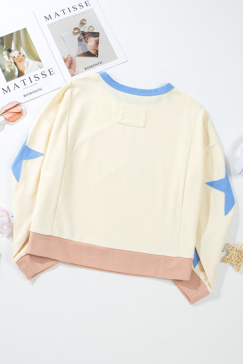 Beige Number 17 Printed Stars Patched Sleeve Cropped Sweatshirt