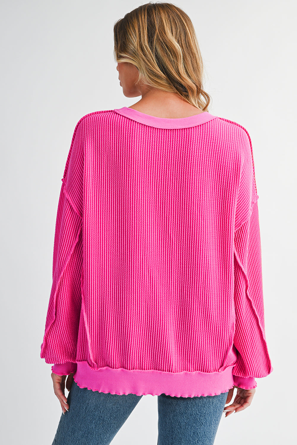 Strawberry Pink Twisted Ribbed Seamed Patchwork Long Sleeve Top