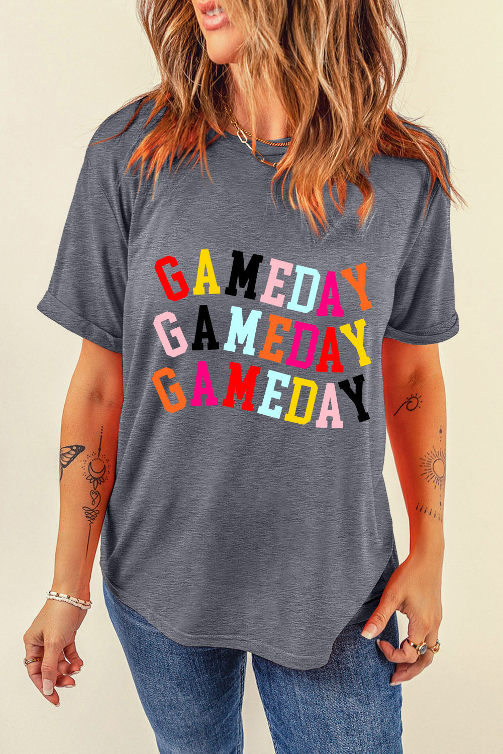 Gray GAMEDAY Letter Crewneck T Shirt