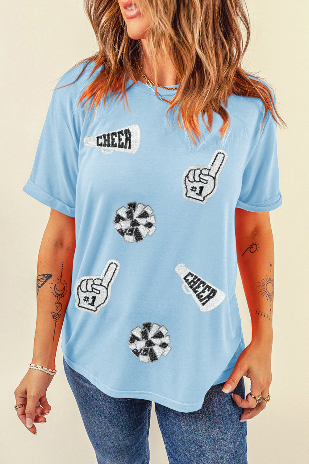 Light Blue Cheer Game Day Element Sequin Patched T Shirt