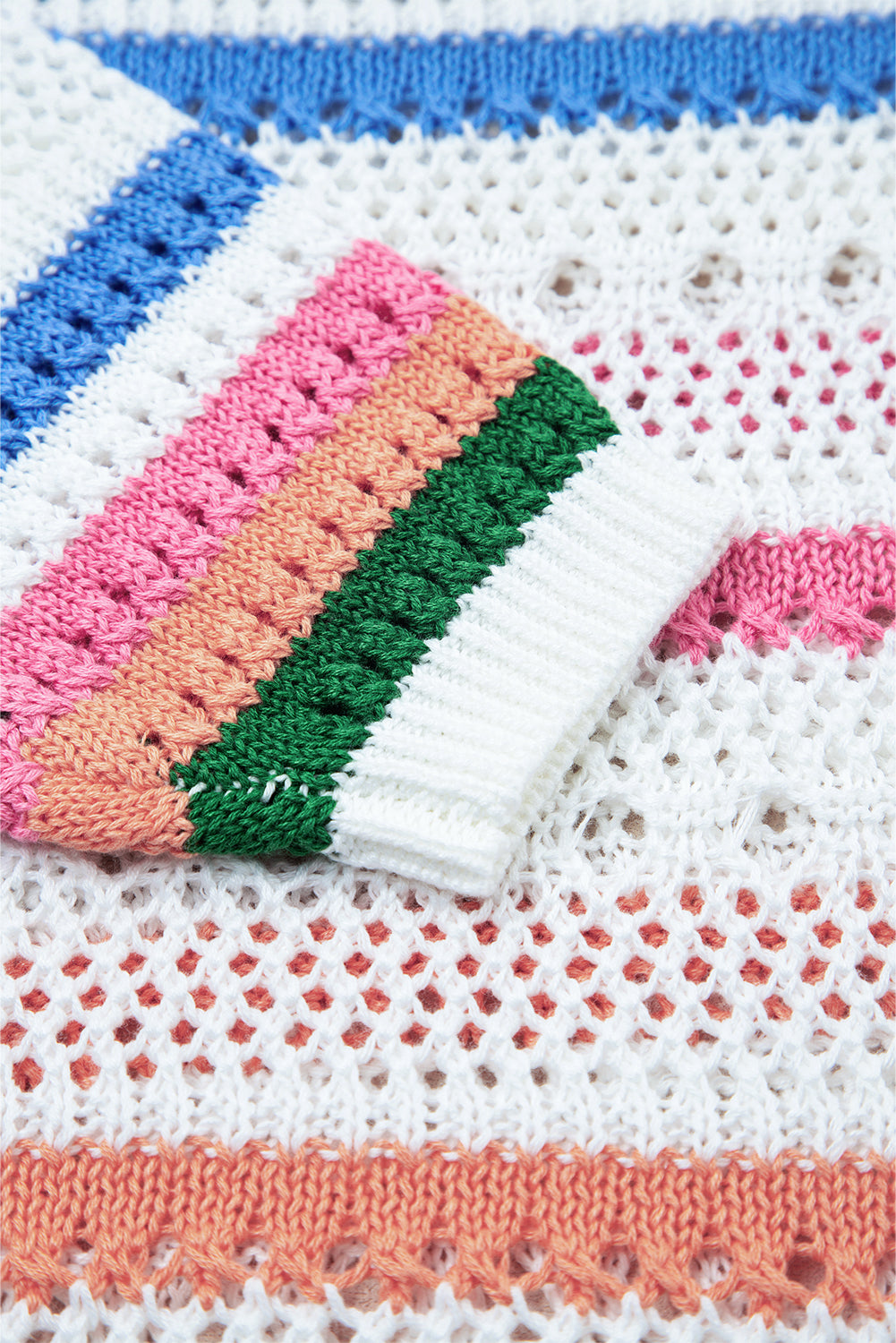 White Colorblock Striped Pointelle Knit Sweater