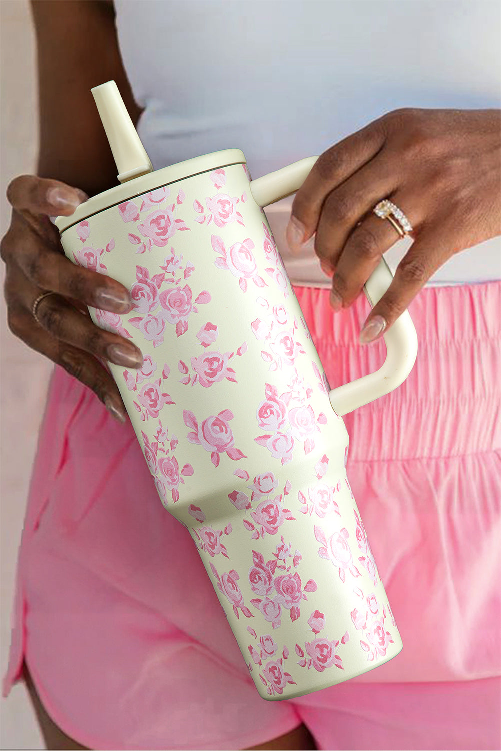 White Flower Print Handle Insulated Large Tumbler