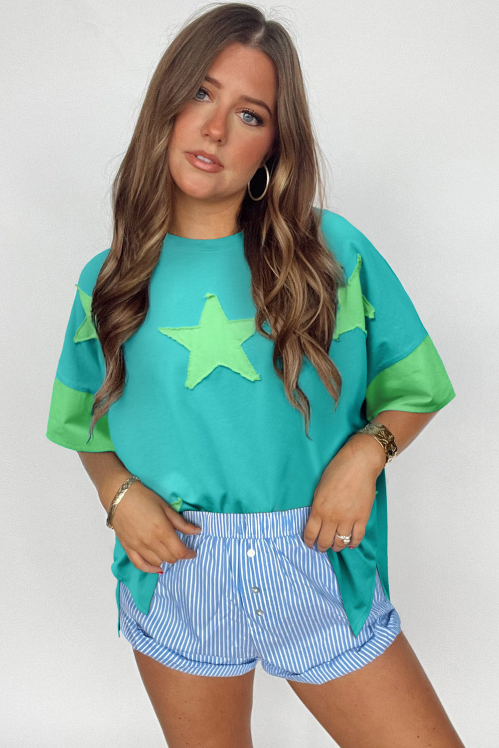 Aruba Blue Frayed Star Patched 4th of July Oversize T Shirt