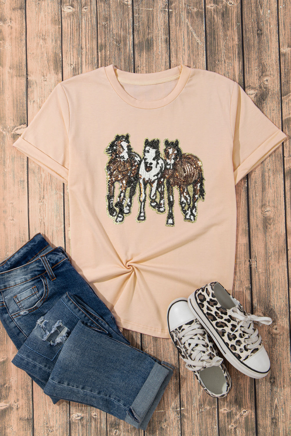 Khaki Sequin Horses Patched Casual Crewneck T Shirt
