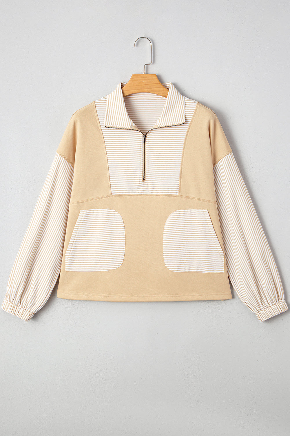 Smoke Gray Striped Patchwork Zip Collar Long Sleeve Top