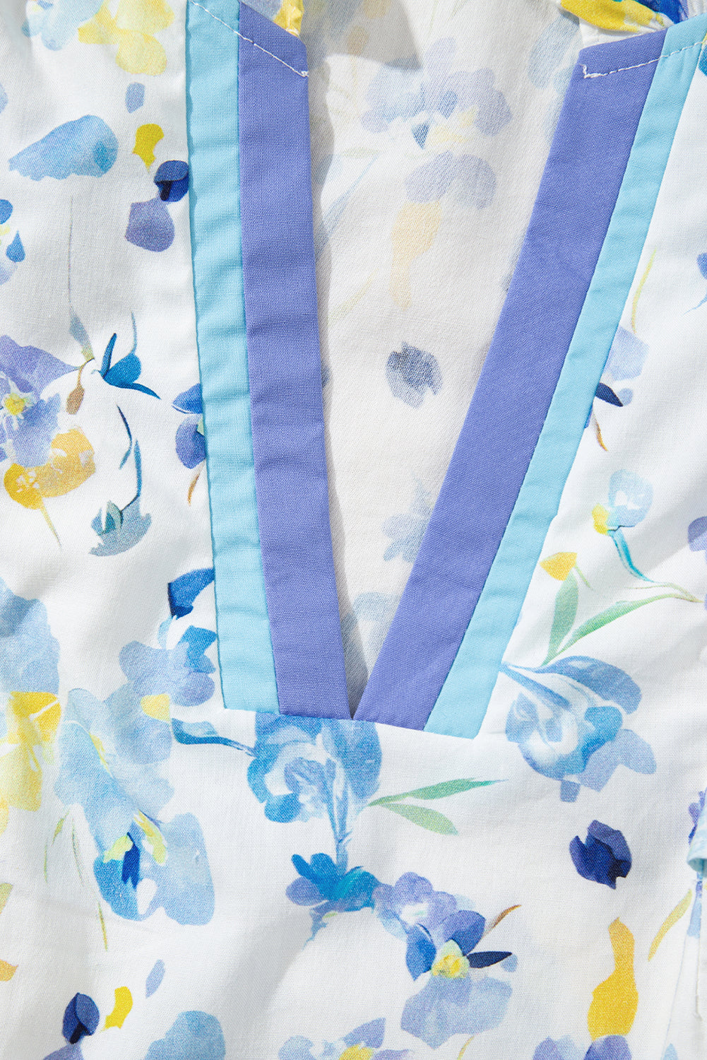 Sky Blue Floral Print Frilled Notch V Neck Ruffle Blouse