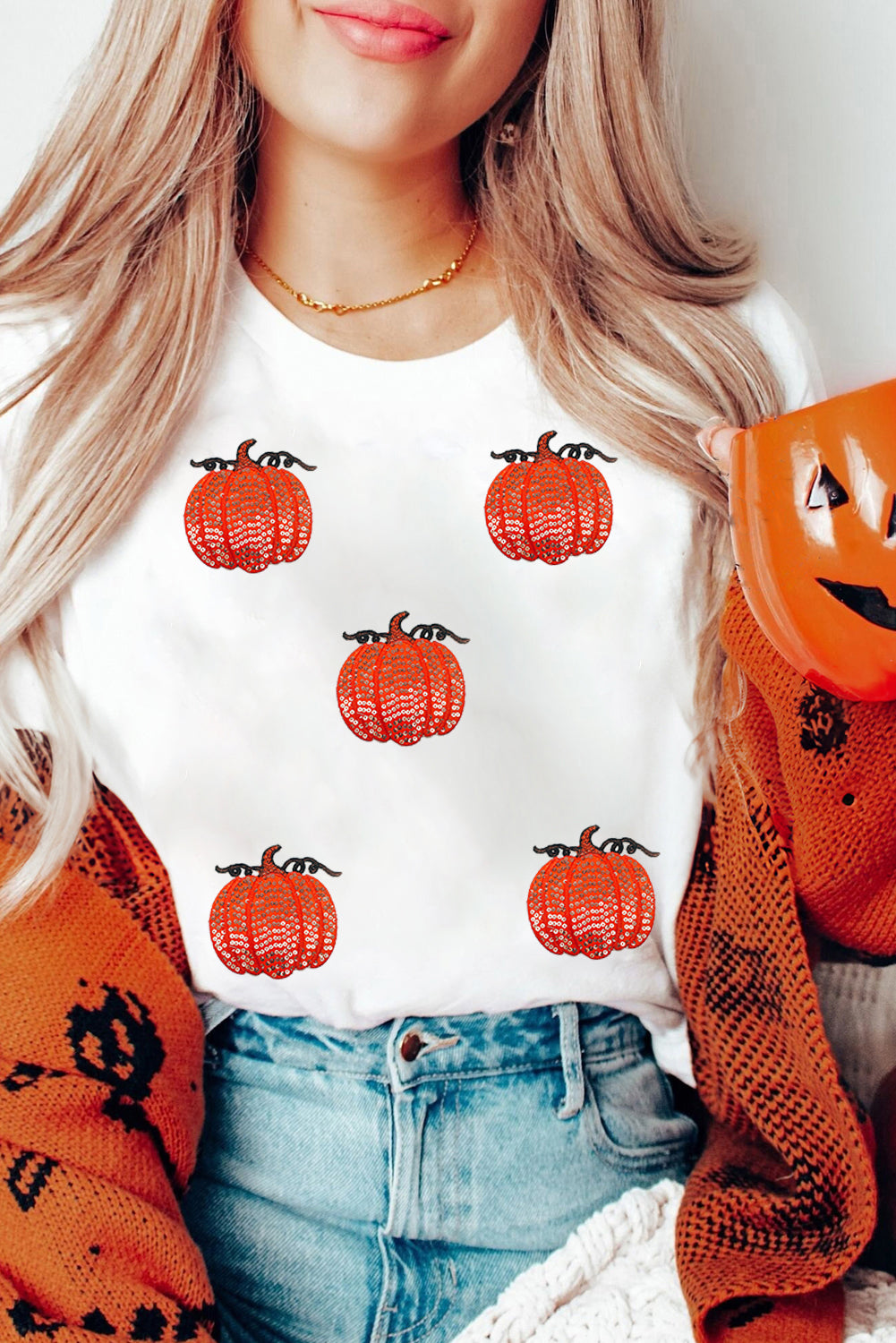 White Glitter Pumpkin Patched Cotton Blend T Shirt
