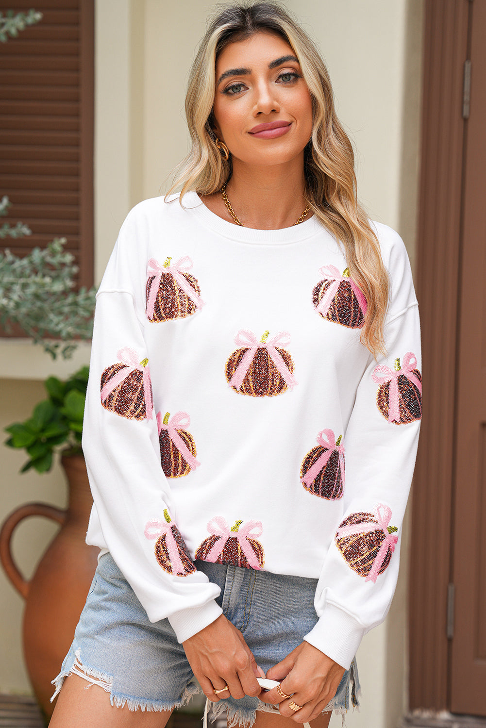 White Sequin Bow Pumpkin Patched Cotton Baggy Sweatshirt