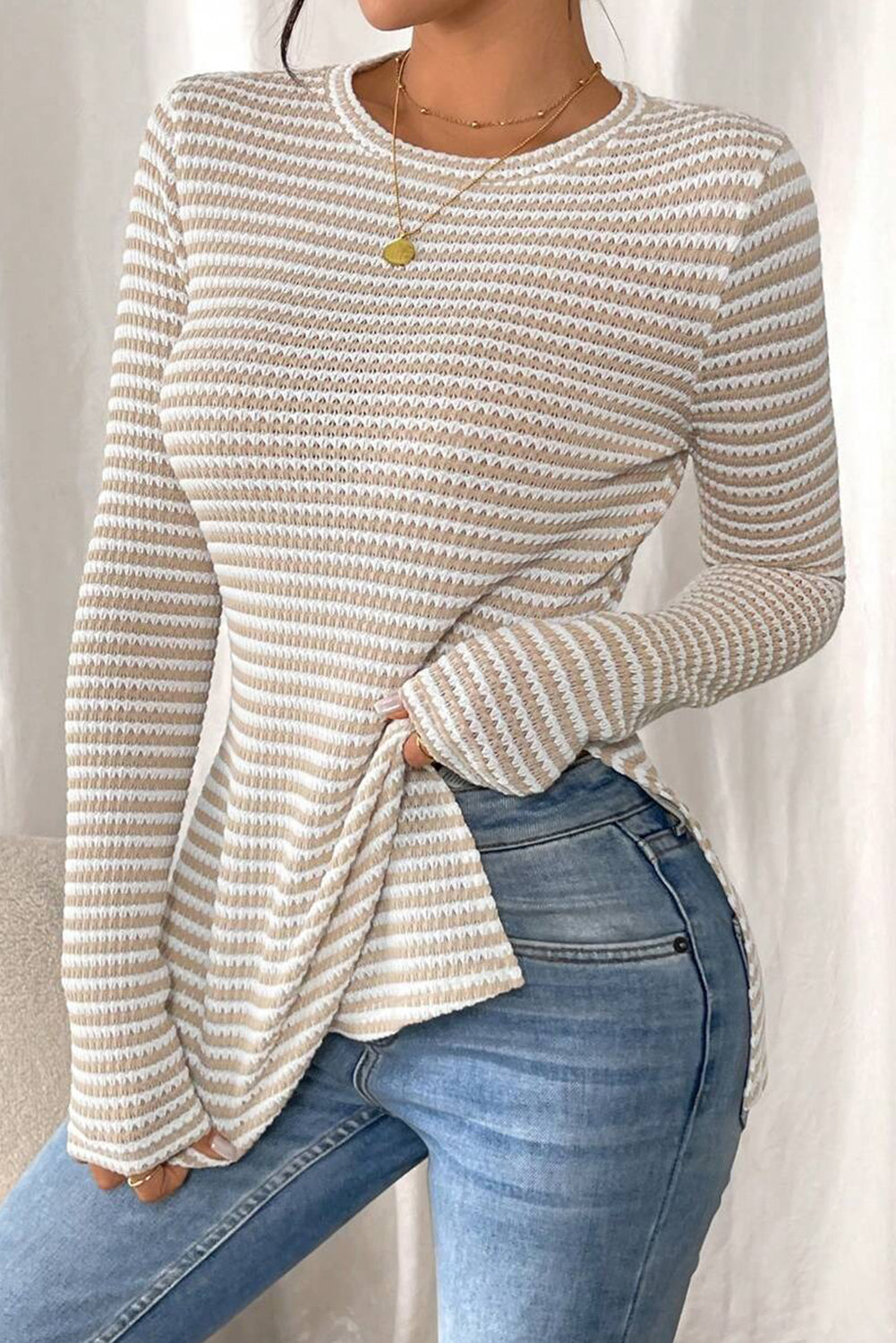 Jet Stream Striped Side Slit Round Neck Long Sleeve Top