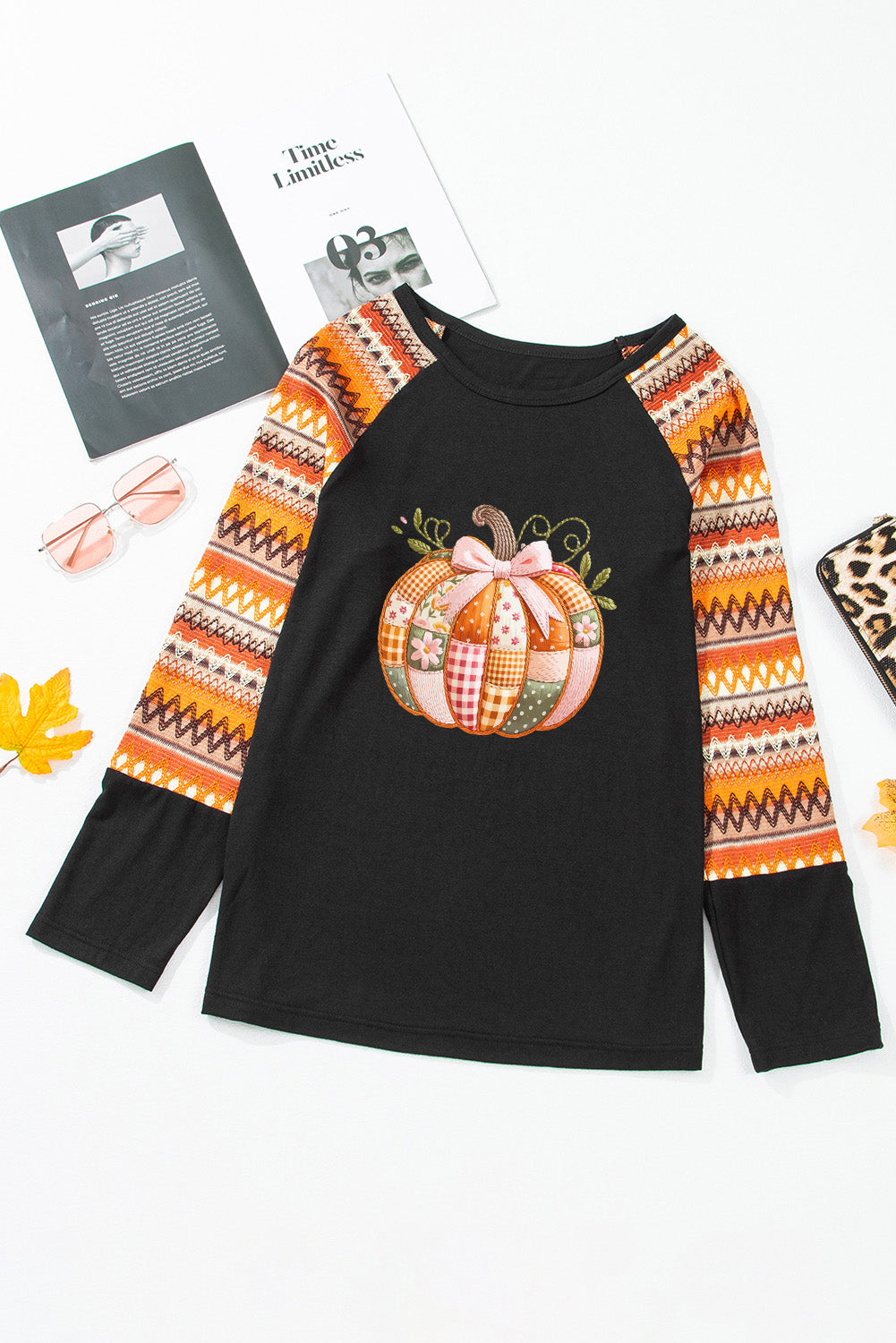 Orange Cute Pumpkin Graphic Geo Print Raglan Long Sleeve T Shirt