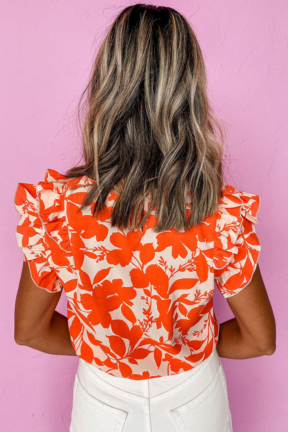 Orange Floral Print Ruffle Sleeve V Neck Top
