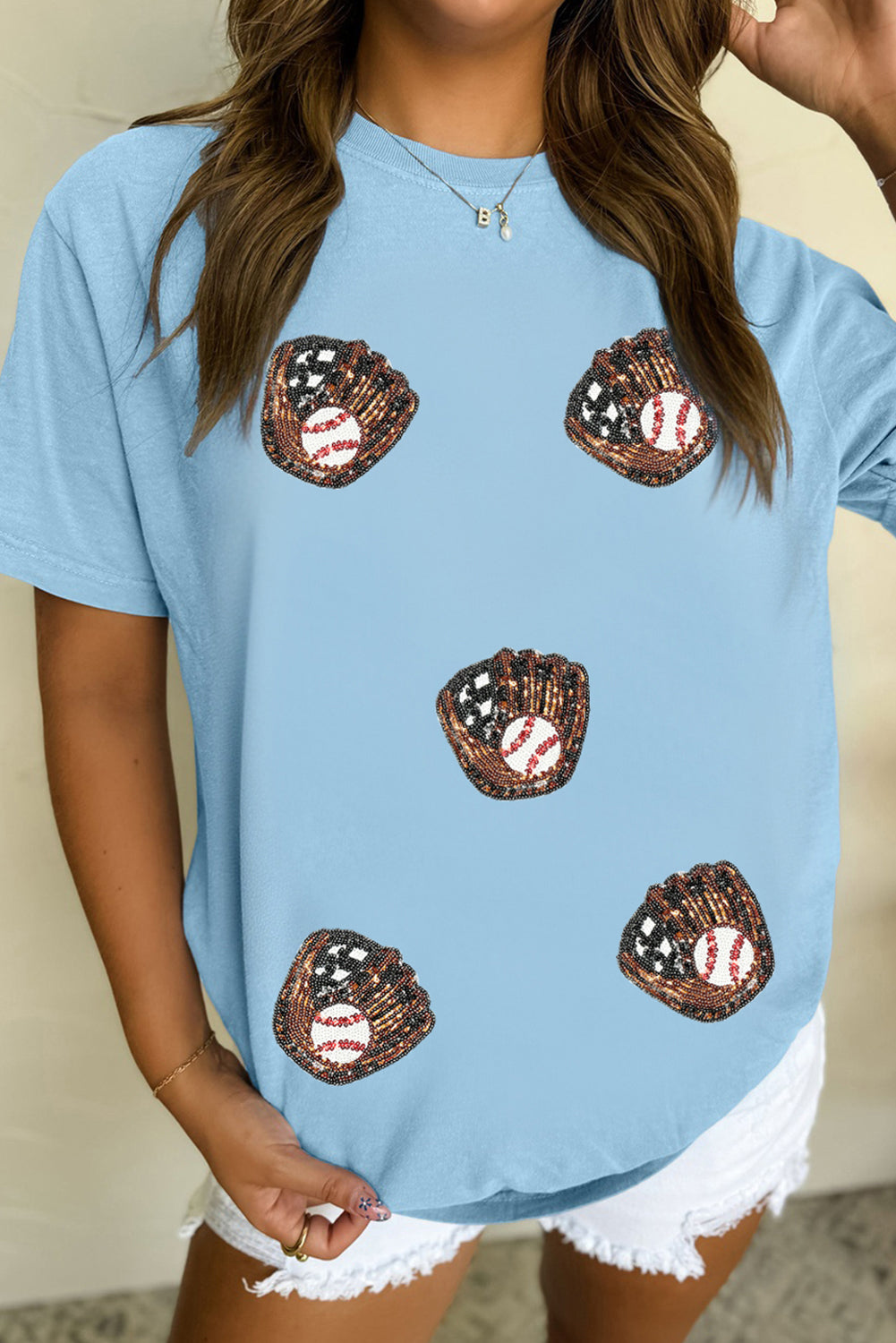Light Blue Baseball Sequin Patched Casual T Shirt
