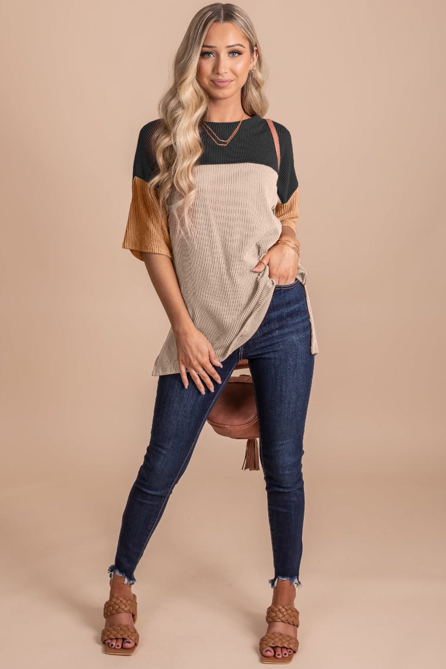 Black Color Block Ribbed Side Slits Half Sleeve Top