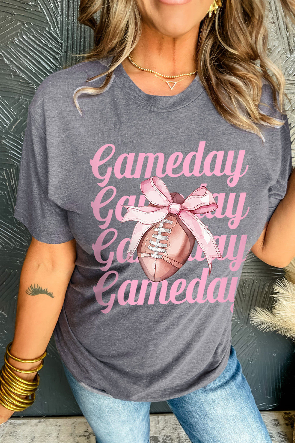 Gray Game Day Bowknot Football Graphic Casual Tee