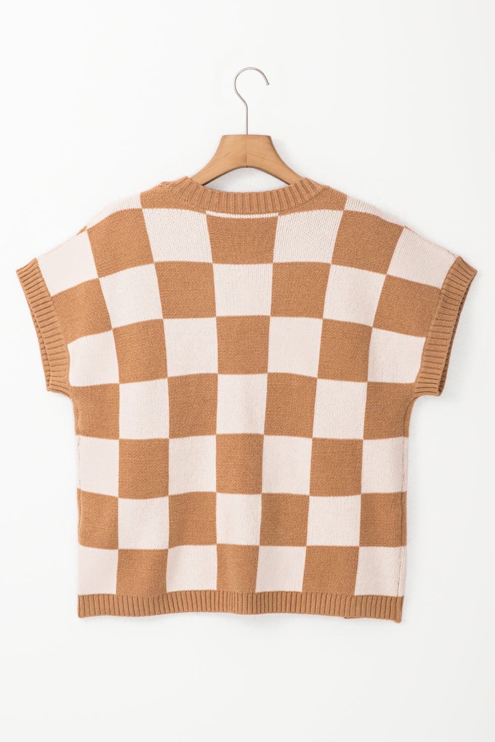 Light French Beige Checkered Knit Dolman Short Sleeve Sweater