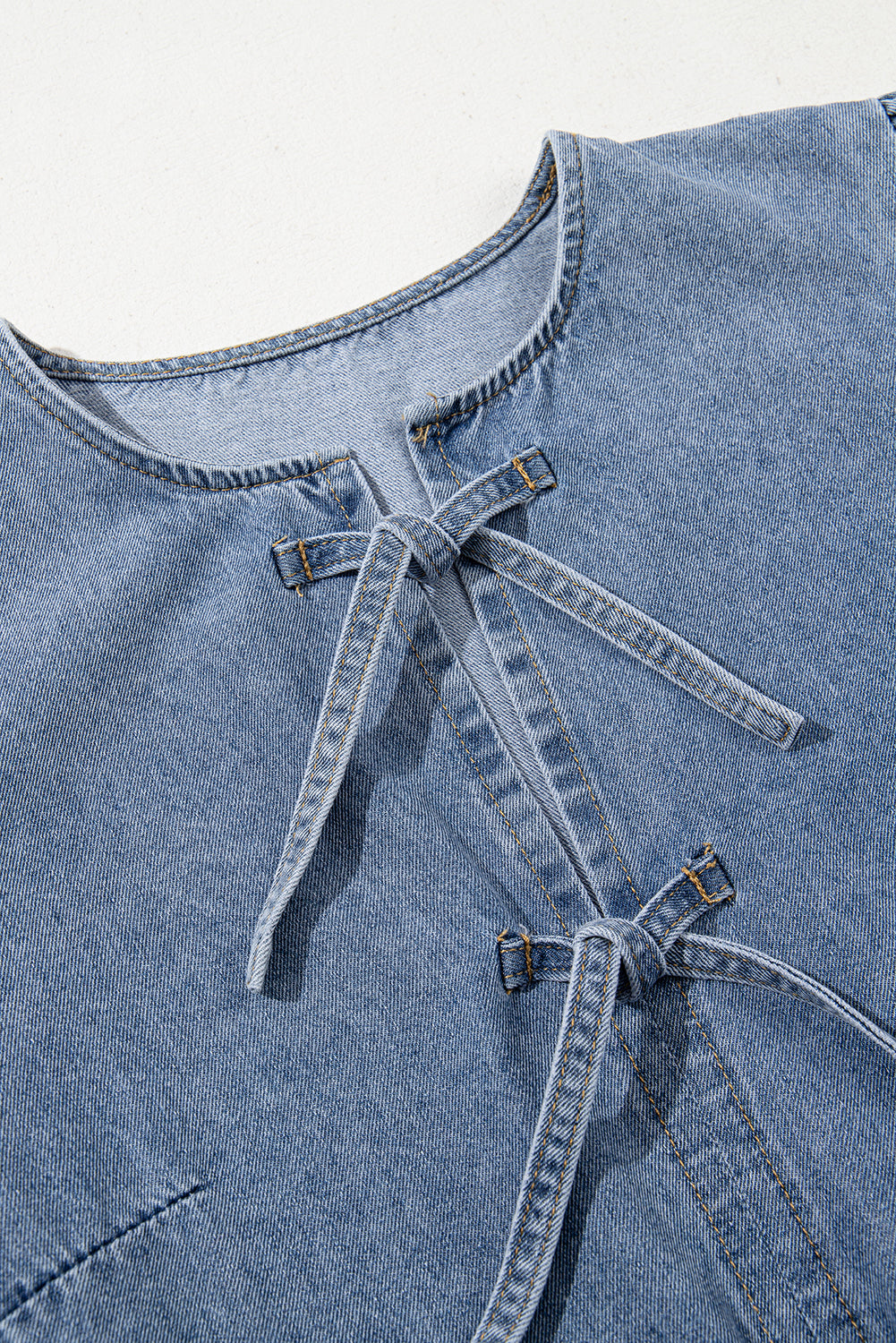 Dusk Blue Bowknot Puff Sleeve Denim Dress