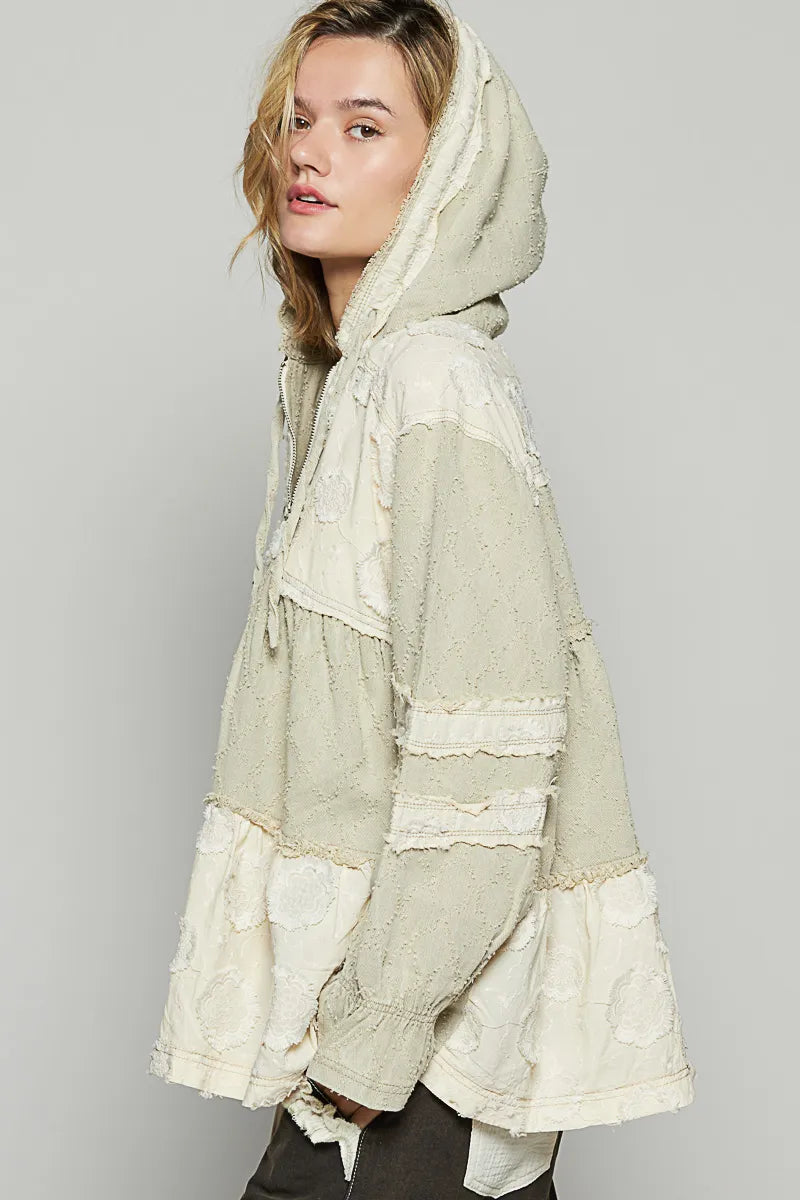 Raw Hem Color Block Hooded Jacket
