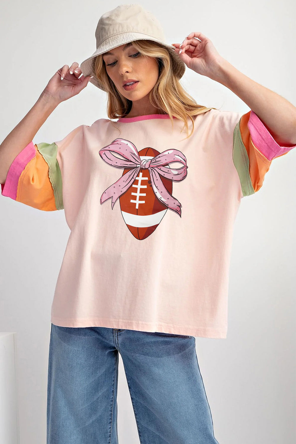 Pink Colorblock Sleeve Rhinestone Bow Football Print T Shirt