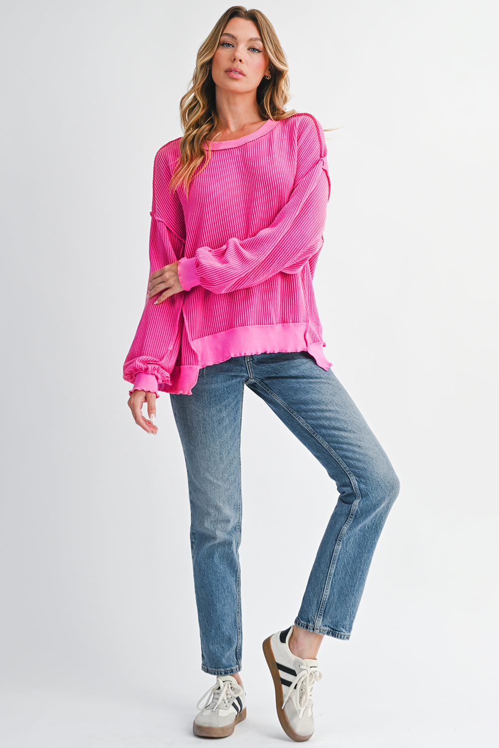 Strawberry Pink Twisted Ribbed Seamed Patchwork Long Sleeve Top