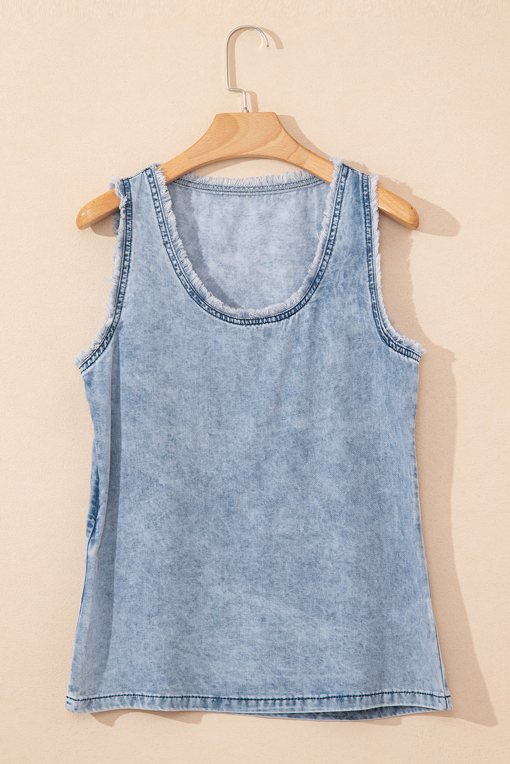 Beau Blue Mineral Wash Denim Frayed U Neck Sleeveless Top
