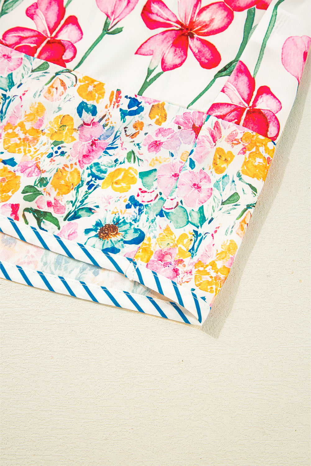 Pink Plus Size Floral Print Striped Trim V Neck Blouse