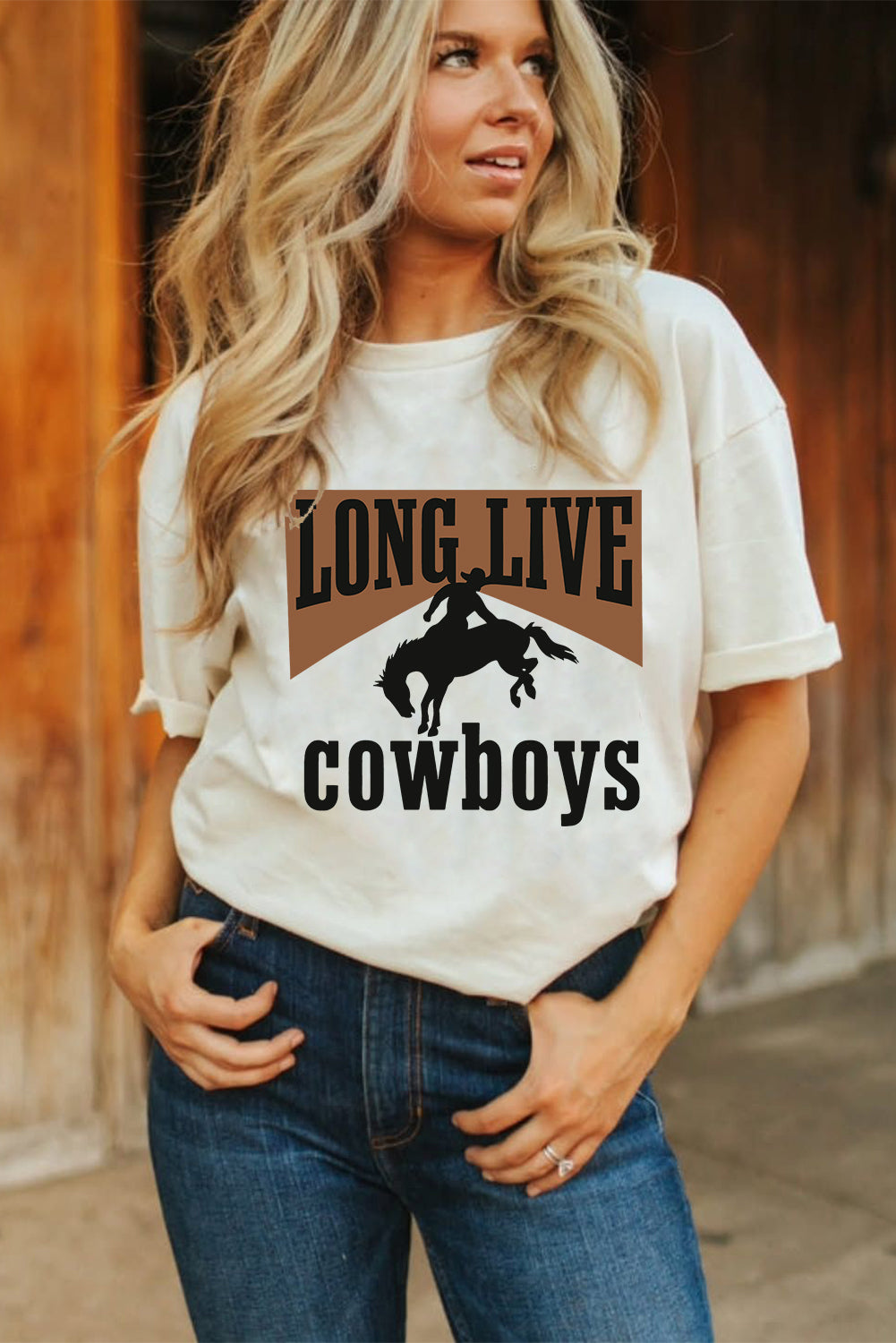 White LONG LIVE Cowboys Western Graphic Loose Tee