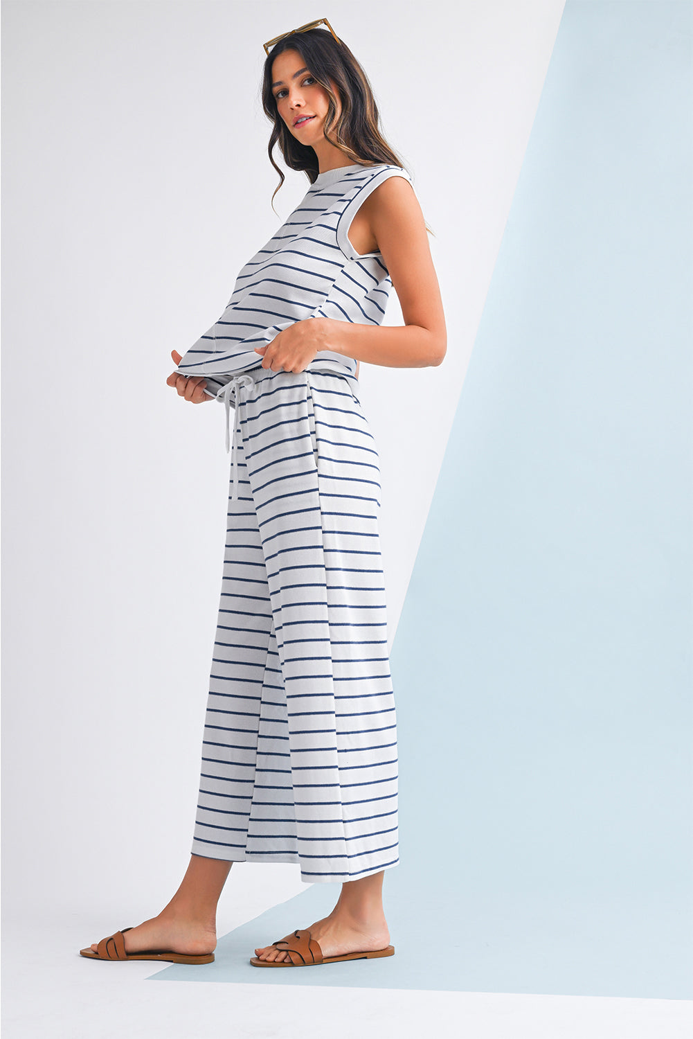 Sail Blue Casual Striped Tee and Wide Leg Pants Set