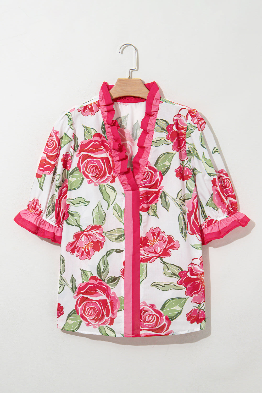 Rose Plus Size Floral Print Frill Neck Short Sleeve Blouse