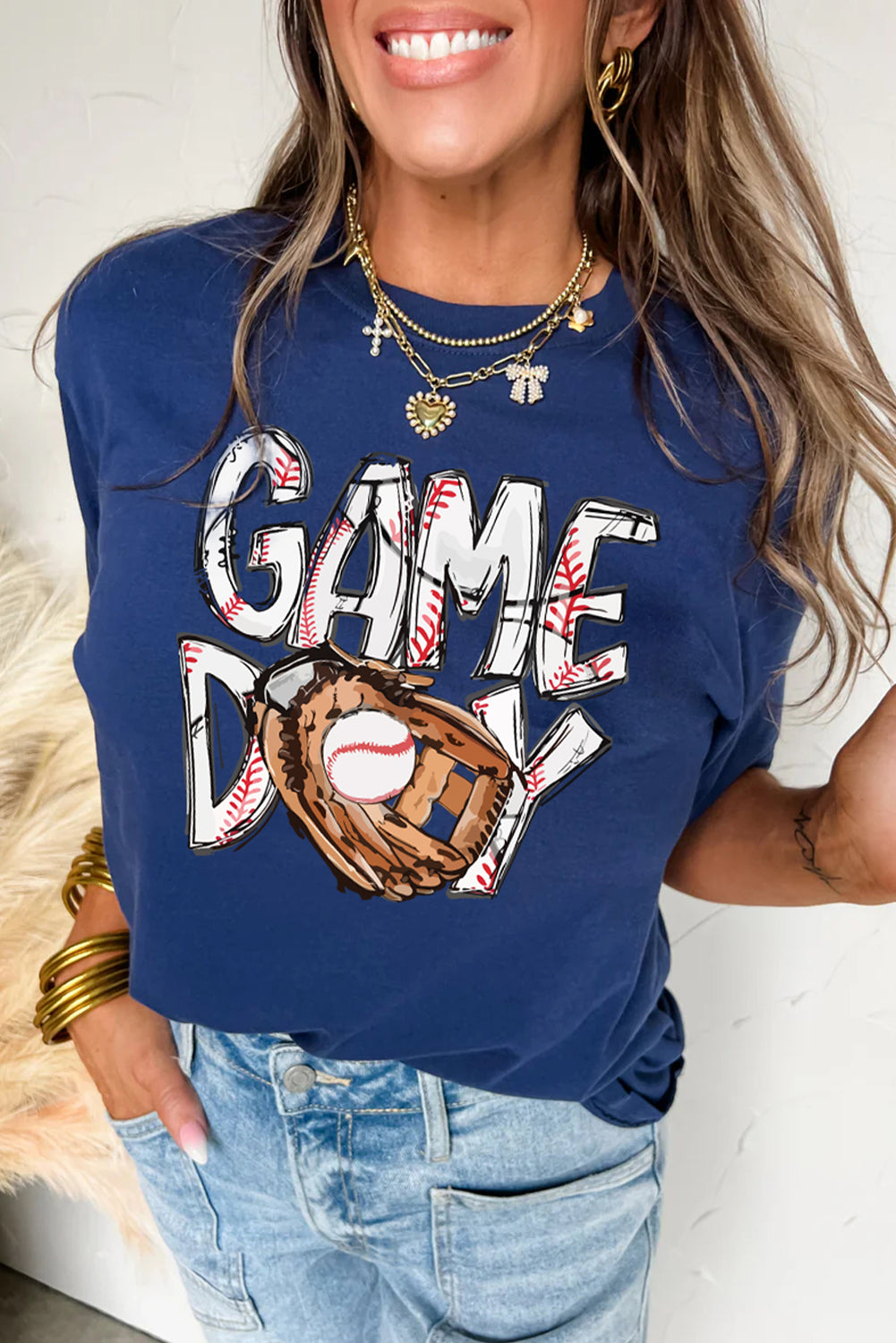 Blue GAMY DAY Baseball Crewneck T Shirt