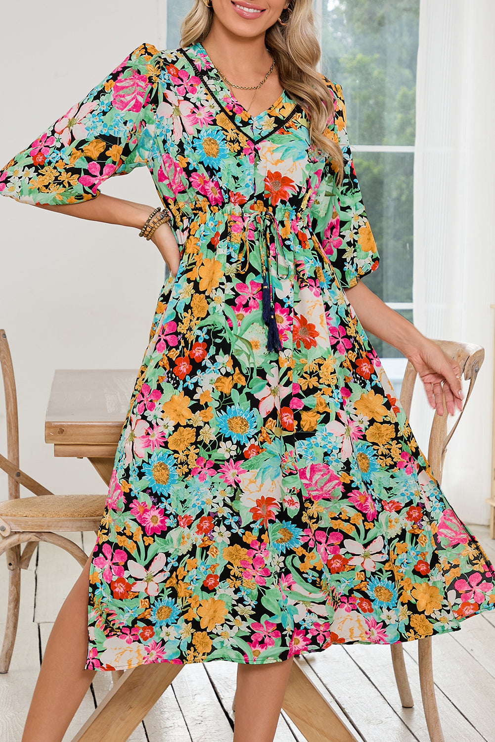 Green Boho Floral Puff Sleeve V Neck Tassel Drawstring Midi Dress