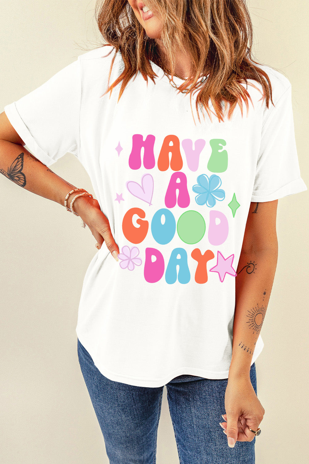 White HAVE A GOOD DAY Print Graphic Casual Tee