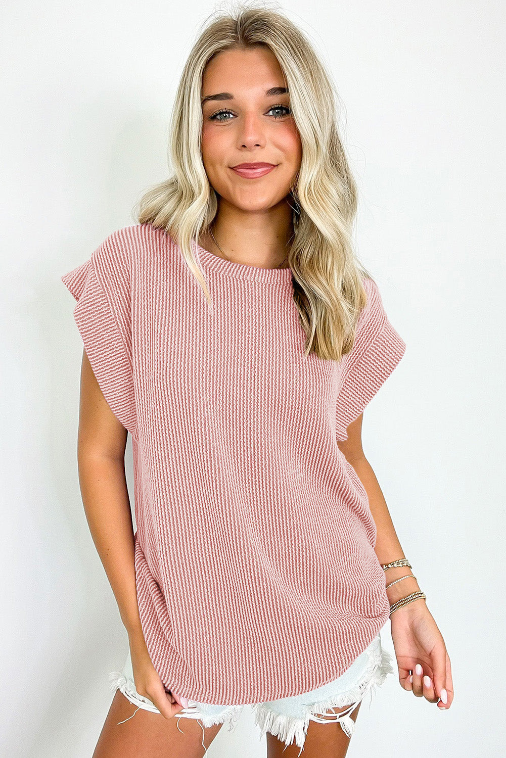 Sepia Rose Twisted Ribbed Textured Plain T Shirt