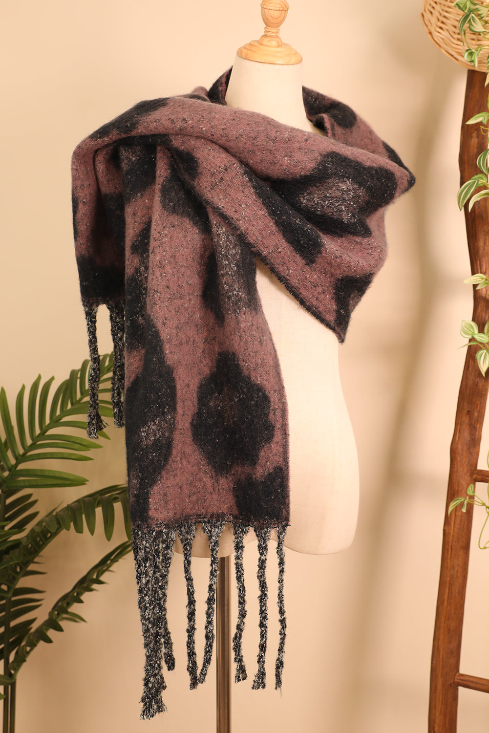 Desert Rose Leopard Print Fringe Scarf