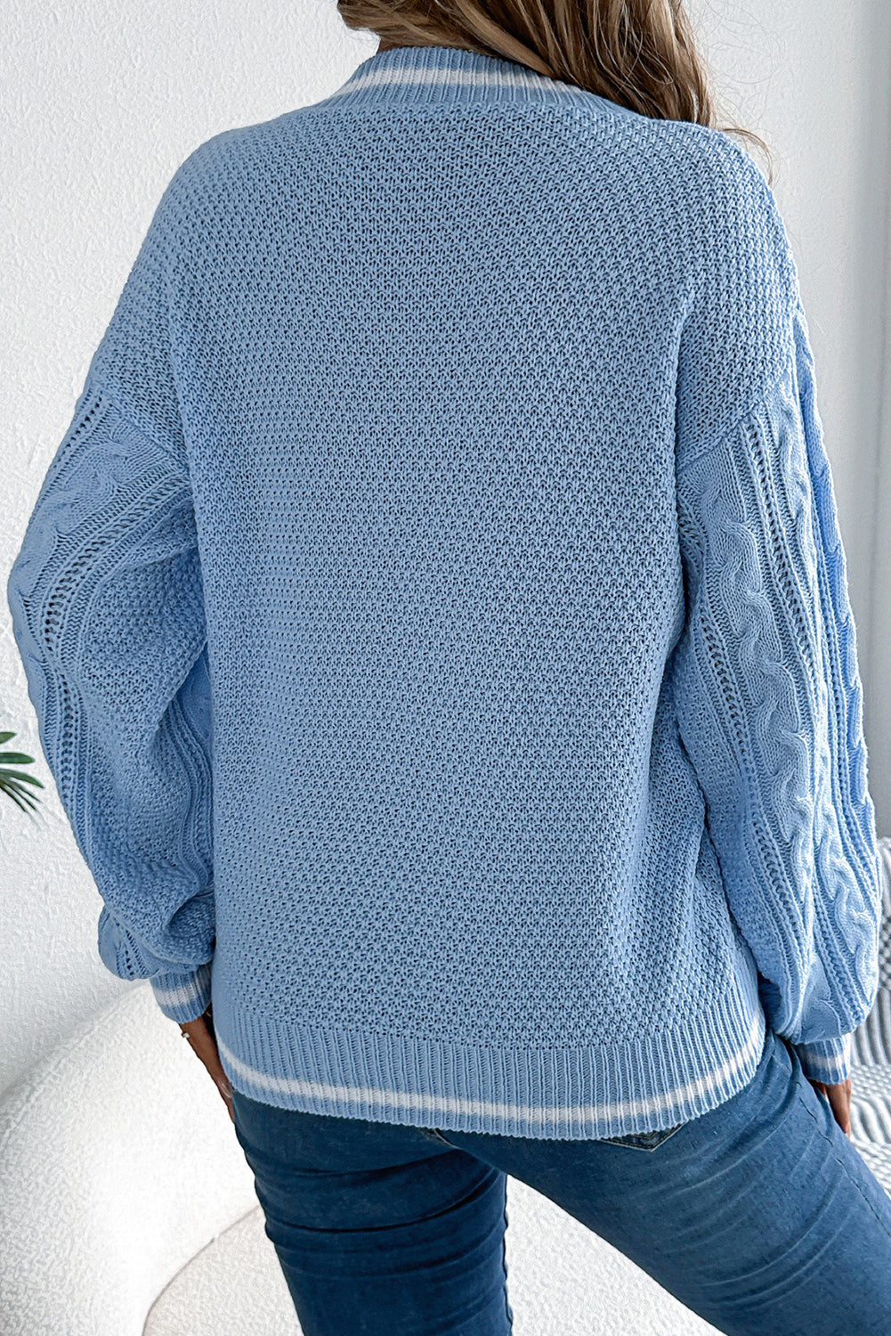 Beau Blue Cable Knit V Neck Contrast Trim Sweater