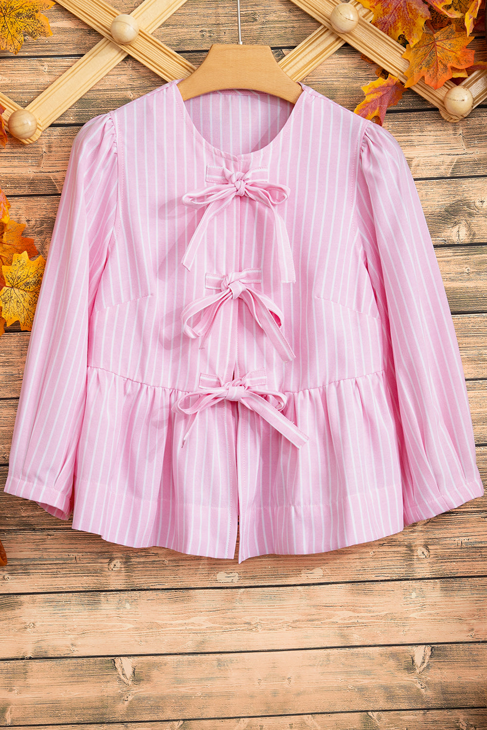 Pink Striped Print Sweet Bow Tie Blouse