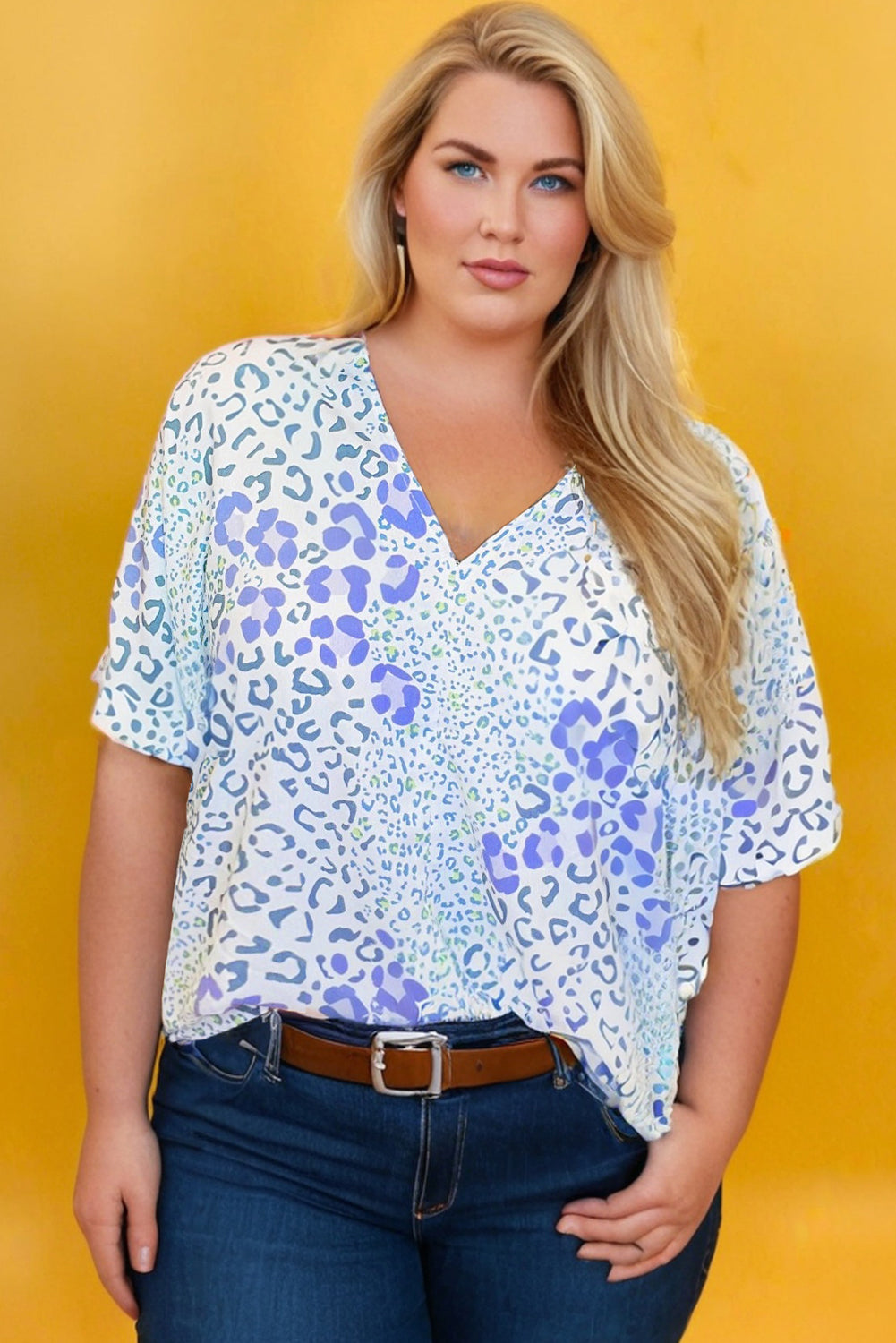 Sky Blue Leopard Print V Neck Short Sleeve Plus Size Top
