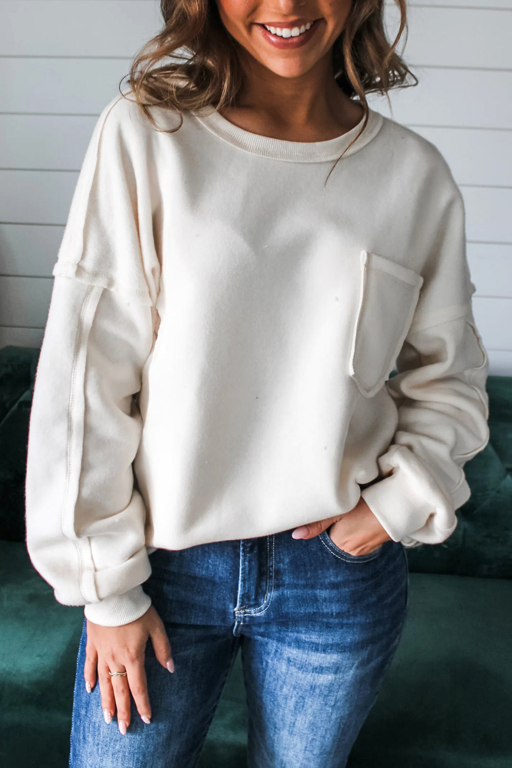 White Solid Color Drop Sleeve Pullover Sweatshirt
