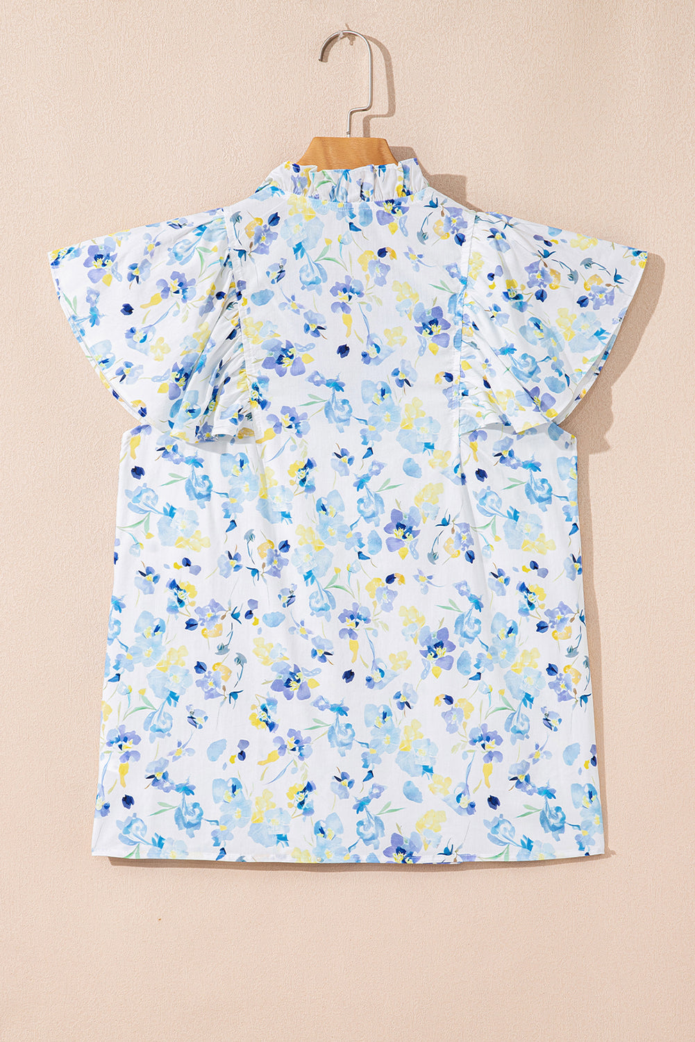 Sky Blue Floral Print Frilled Notch V Neck Ruffle Blouse