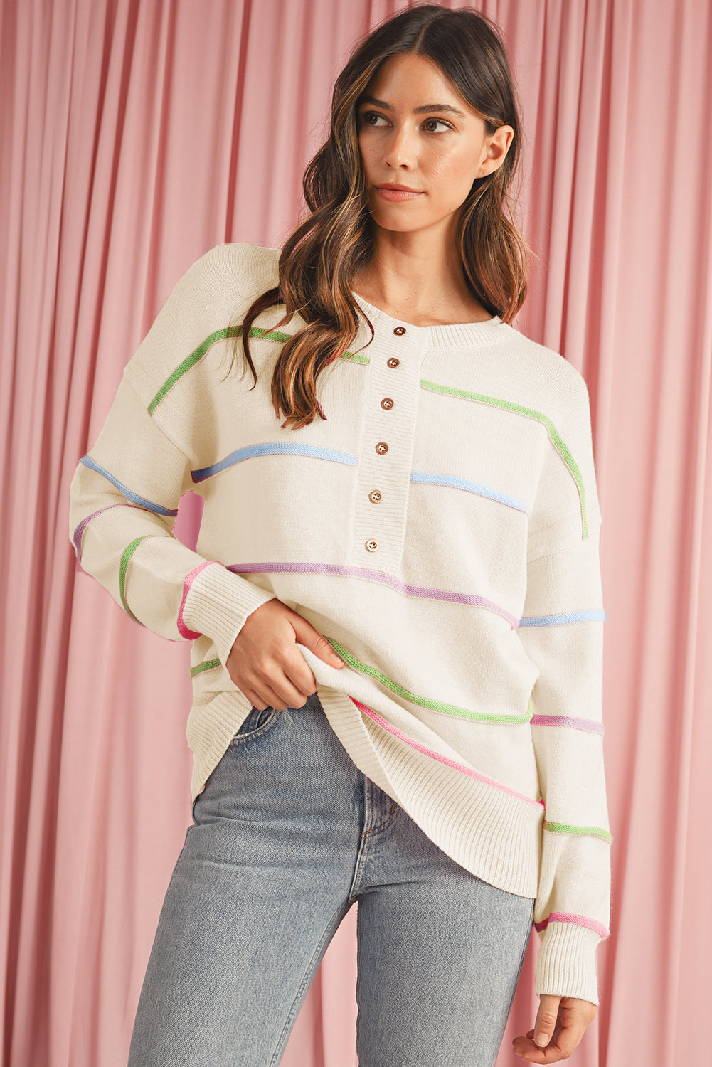 White Rainbow Striped Drop Sleeve Henley Sweater