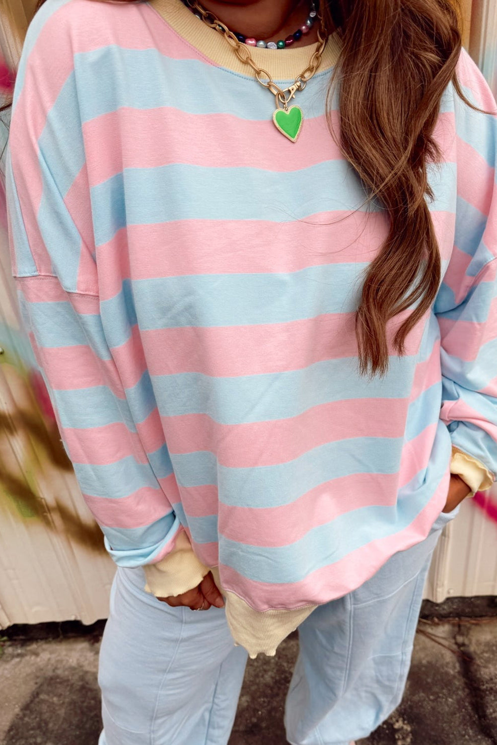 Sky Blue Stripe Colorblock Plus Size Sweatshirt