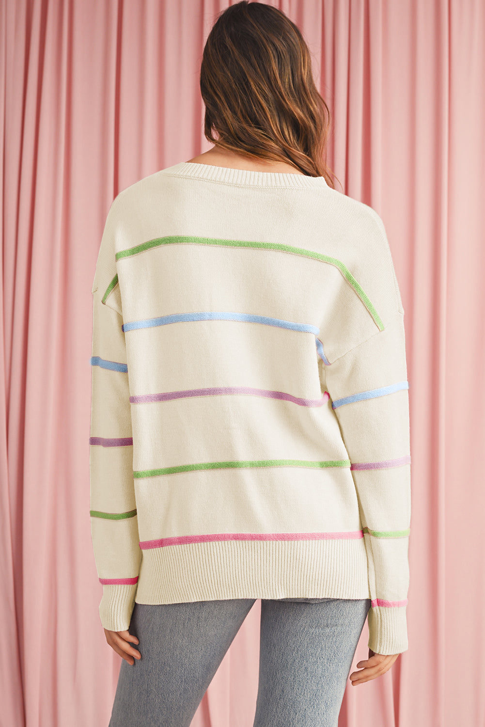 White Rainbow Striped Drop Sleeve Henley Sweater
