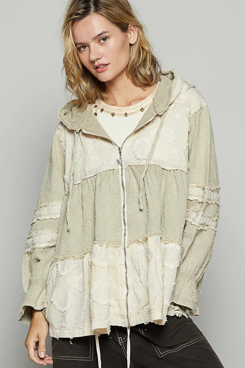 Raw Hem Color Block Hooded Jacket