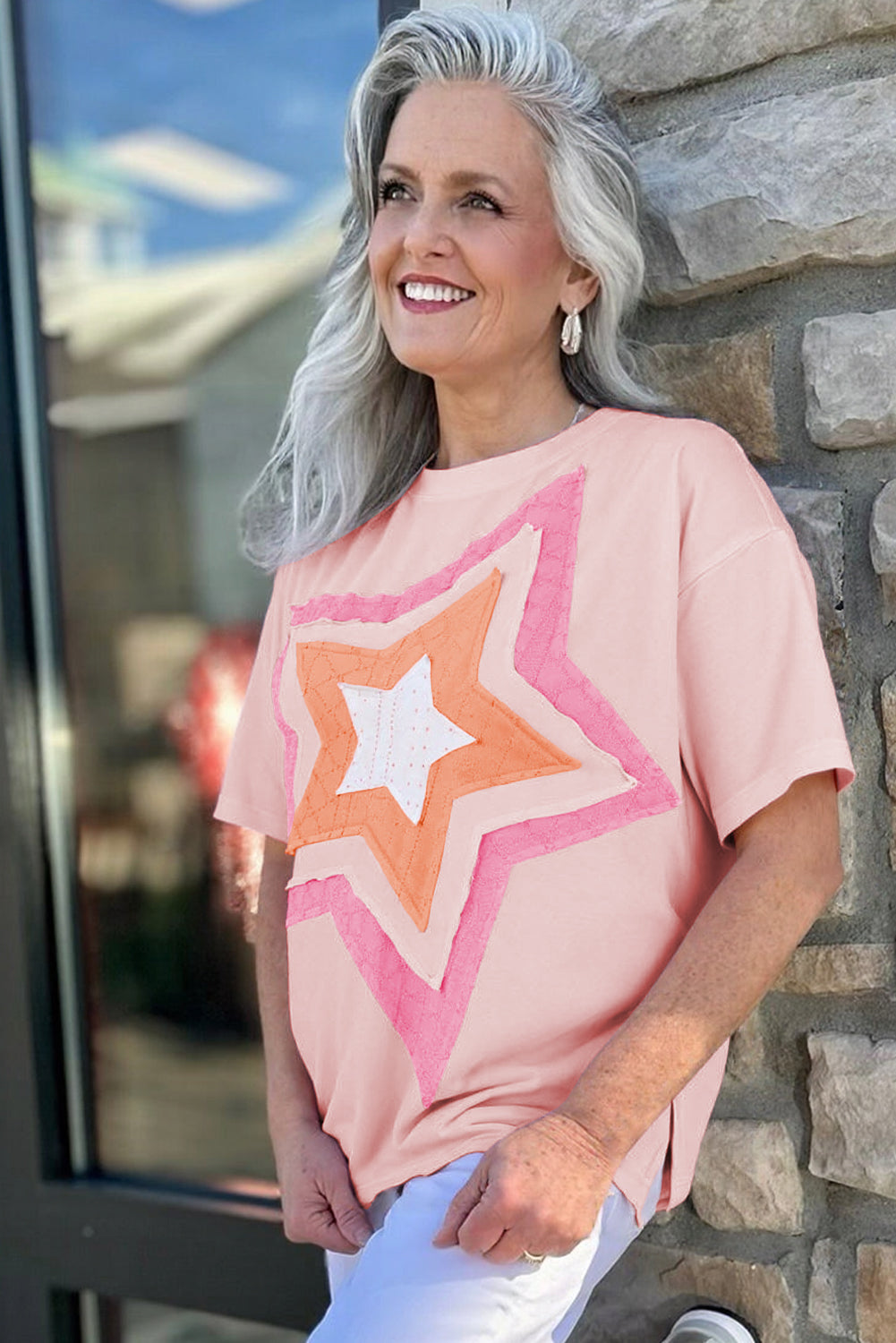 Light Pink Eyelet Colorblock Star Applique Plus Size T Shirt