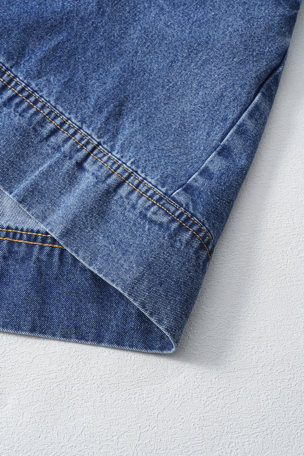 Blue Short Sleeve Collared Chest Pocket Denim Mini Dress