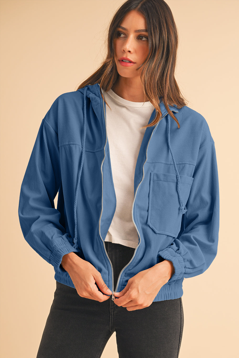 Real Teal Corduroy Drawstring Hooded Pocket Zip Up Jacket