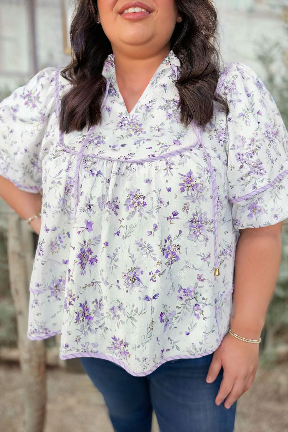 Purple Floral Print Split Neck Plus Size Top