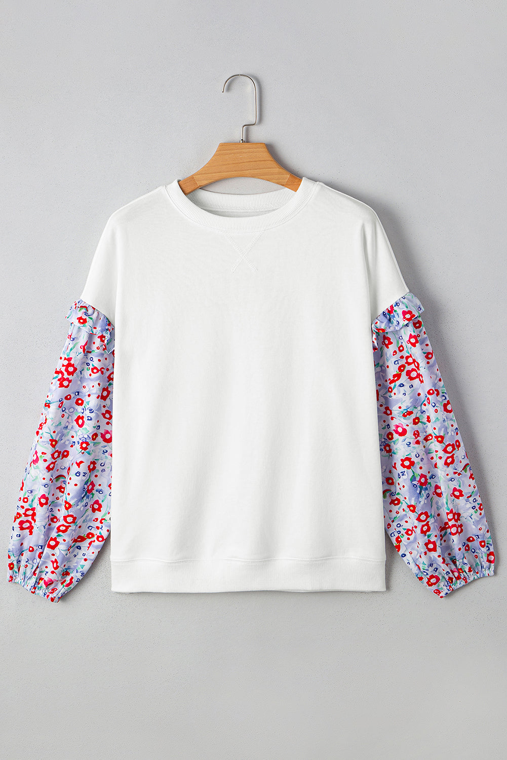 White Floral Ruffle Balloon Sleeve Patchwork Loose Blouse