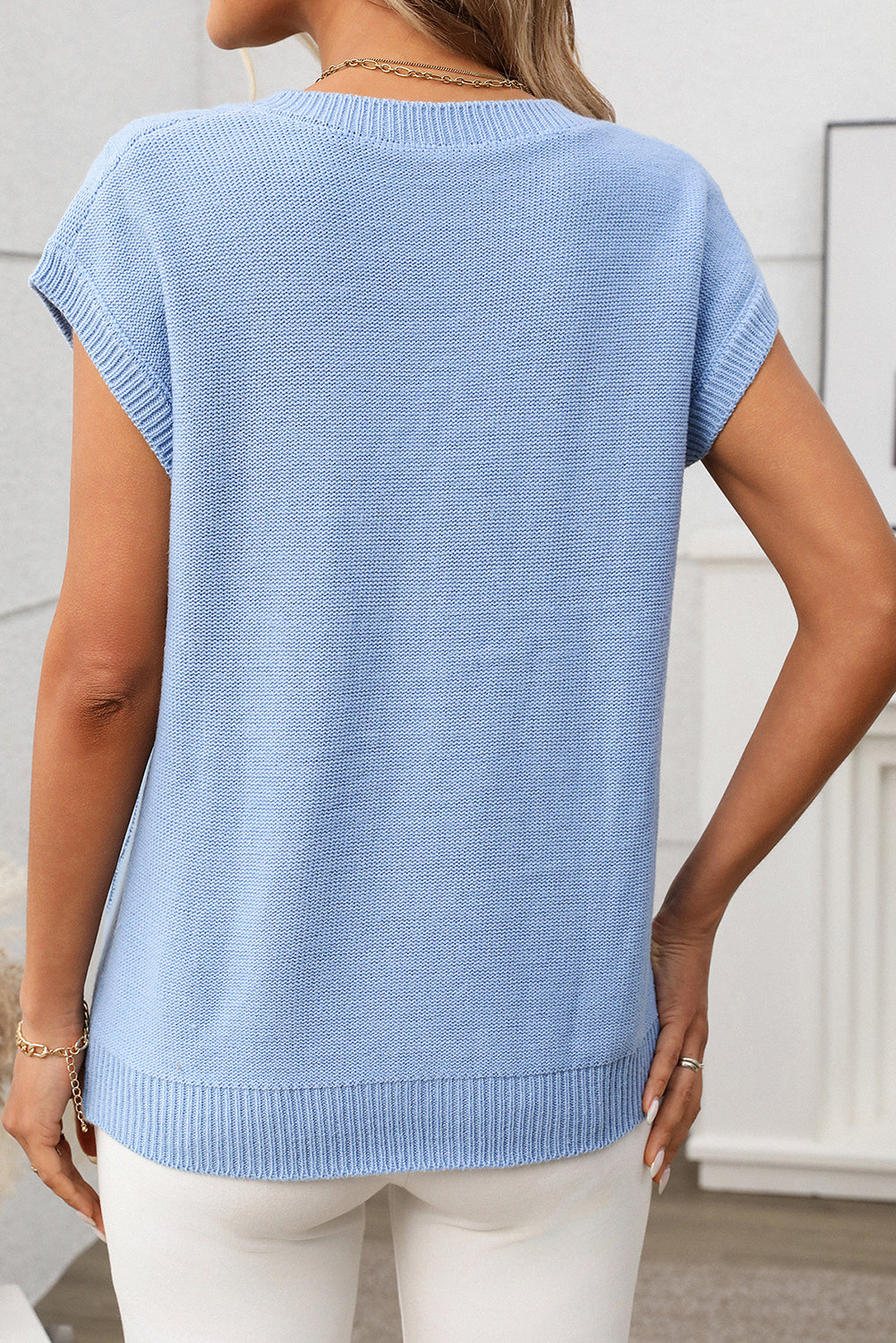 Sky Blue Solid Color V-neck Twisted Knit Top